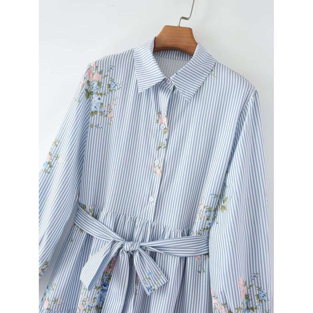 2025 Foreign Trade Cross-Border European and American Women's Long-Sleeve Striped Floral Shirt Dress