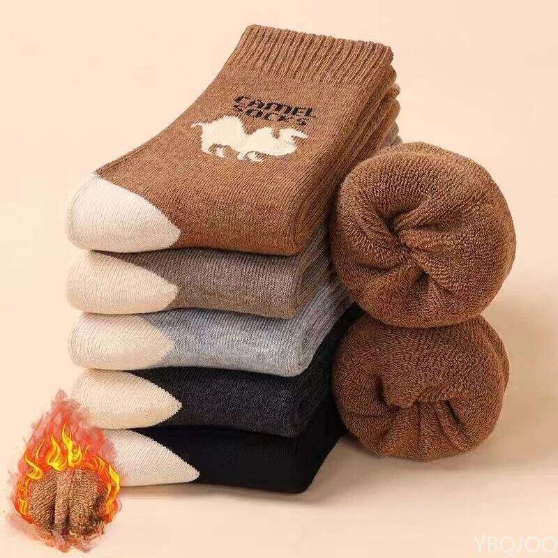 5Pairs Simple Thick Wool for Men Soft Warm Winter Mid Tube Plush Sports Socks Skiing Hiking Gray Khaki Women Z260312