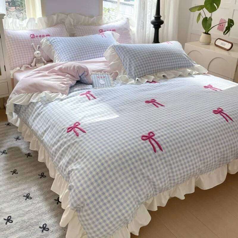 2025 spring and summer new Korean bow four-piece princess style lace washed cotton girl heart pink H260312