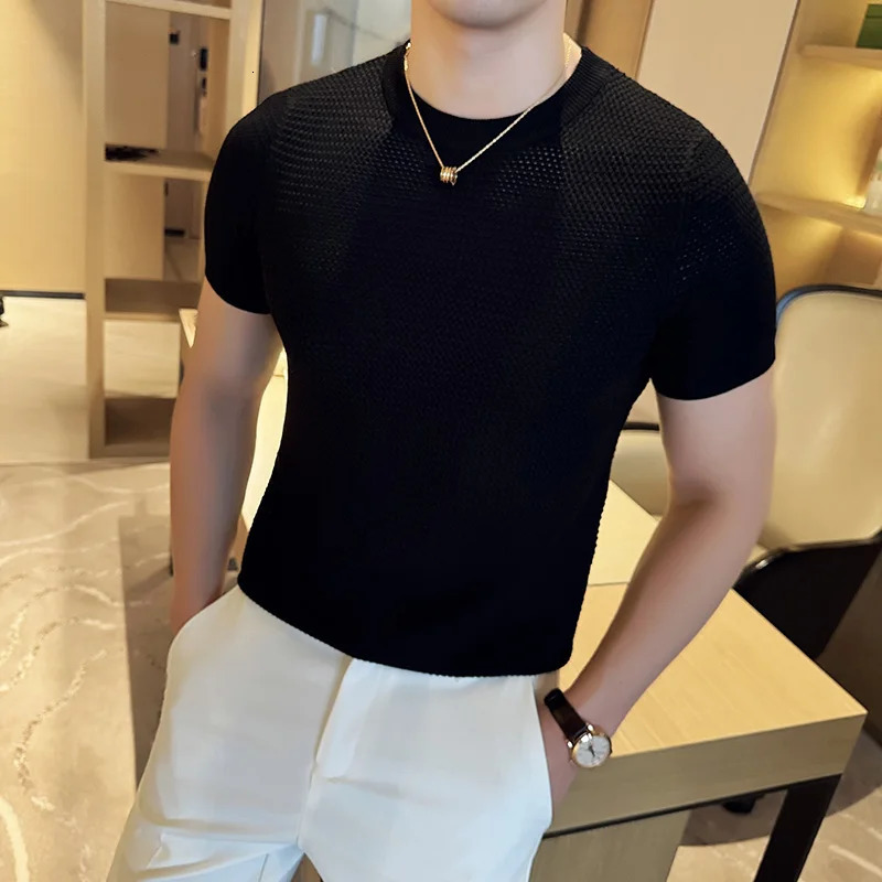 Summer Breathable T-Shirts For Men Korean Clothing O-Neck Short Sleeve Knitted Mens T Shirt Fashion Hollow TopsTees 3XL 260311