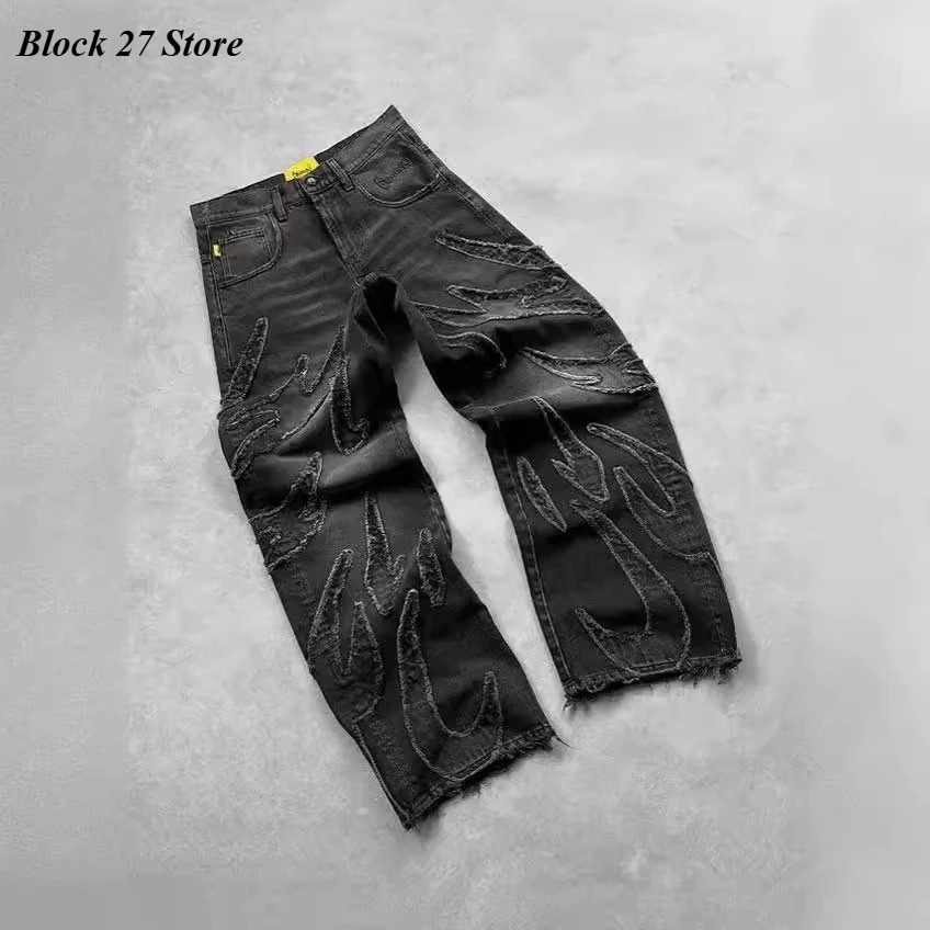 Mens Jeans Y2K Vintage Streetwear Black Wide Leg Denim Pants Ripped Patchwork Raw Hem Distressed Loose Fit Dark Punk Fashion 260310