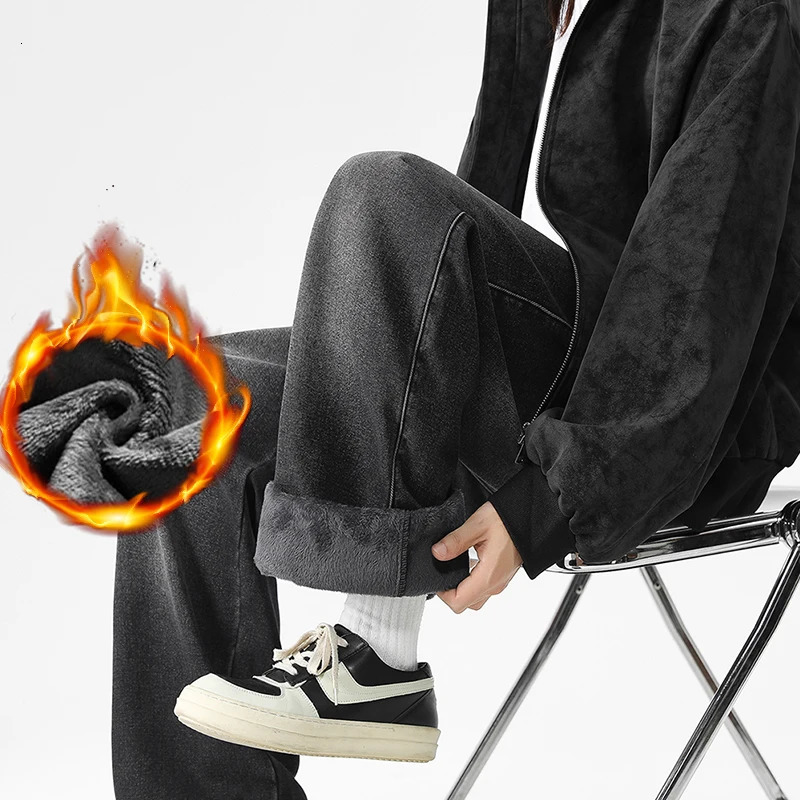 Mens Winter Thick Fleece Loose Straight Denim Jeans Solid Color Casual Drawstring Trousers Male Fashion Plush Pants 260228