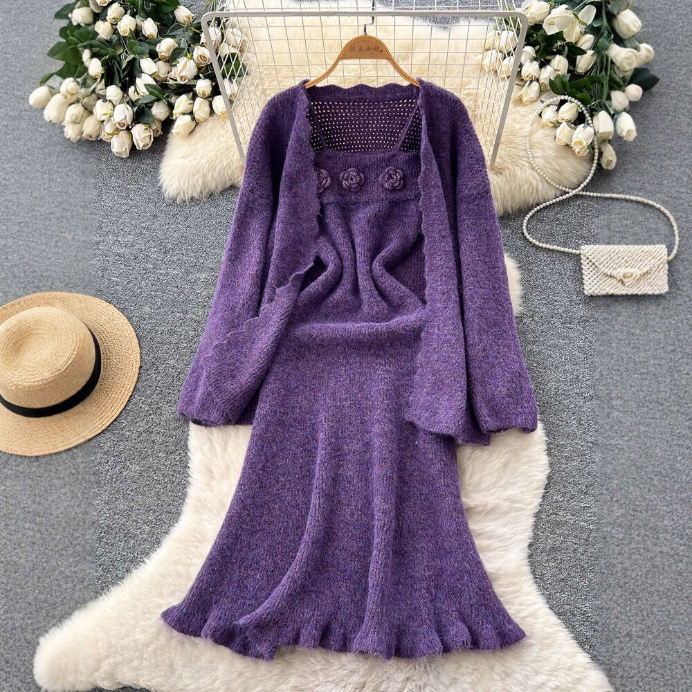 Gentle style women's A12 autumn and winter clothing three-dimensional flower waist belt knitted dress loose jacket 2026