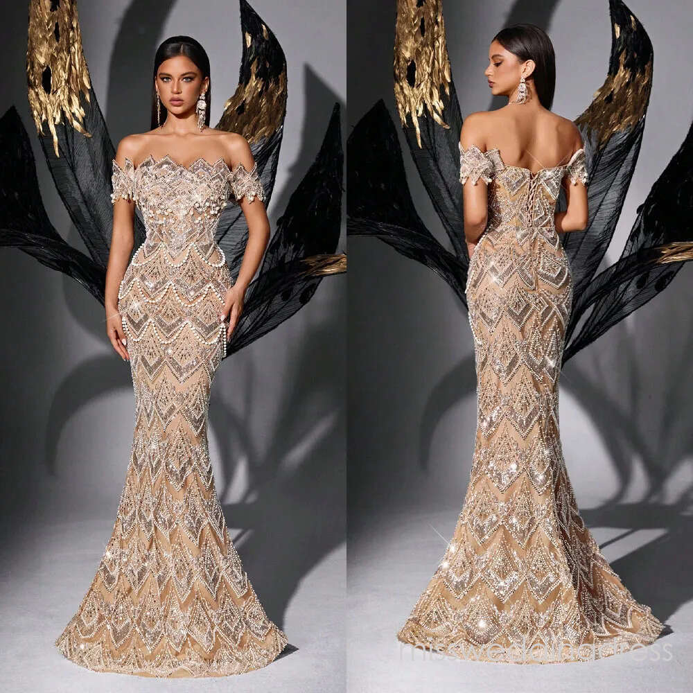 Fashion Off Shoulder Evening Dresses Sequins Beading Pearls Prom Dress Backless Customized Mermaid Party Gowns Vestidos De Noche Plus Size