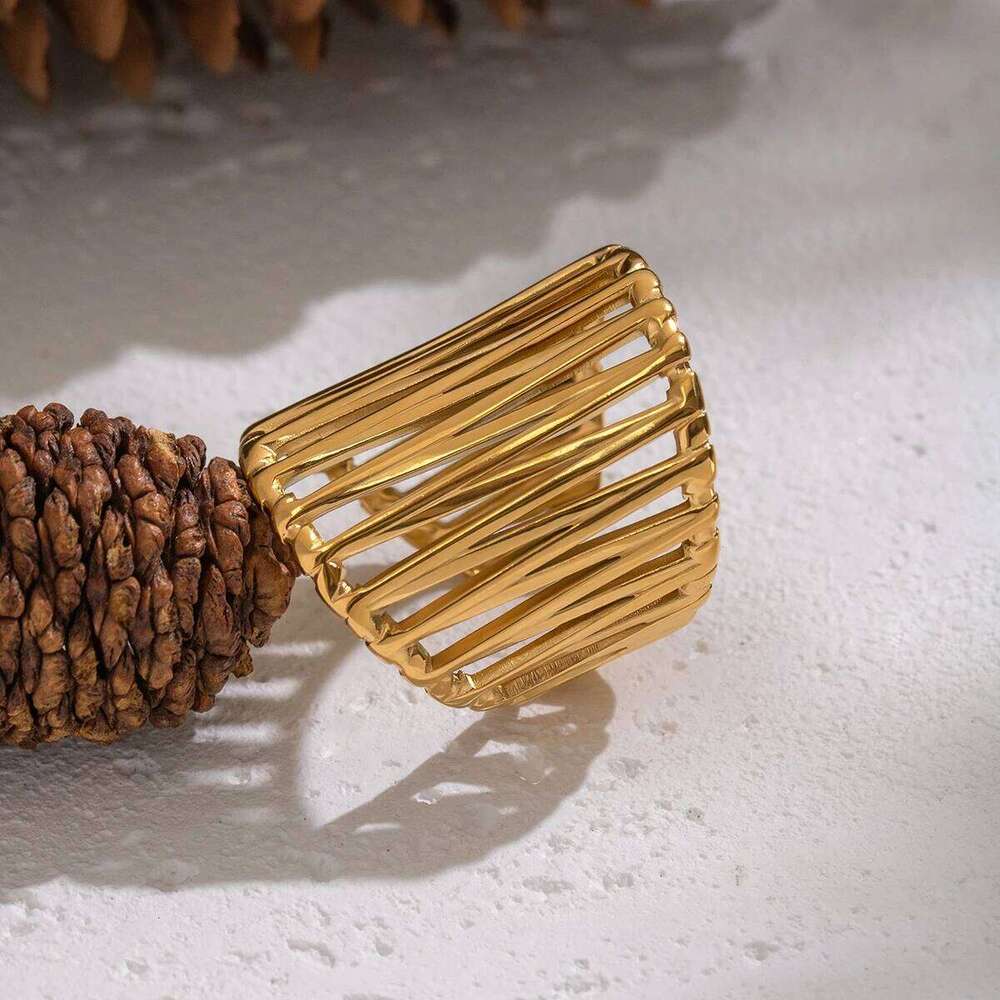 XIANING Stainless Steel 18K Gold Color Plated Metal Geometric High Quality Ring Water Resistant Texture Fashion Daily Jewelry H260312