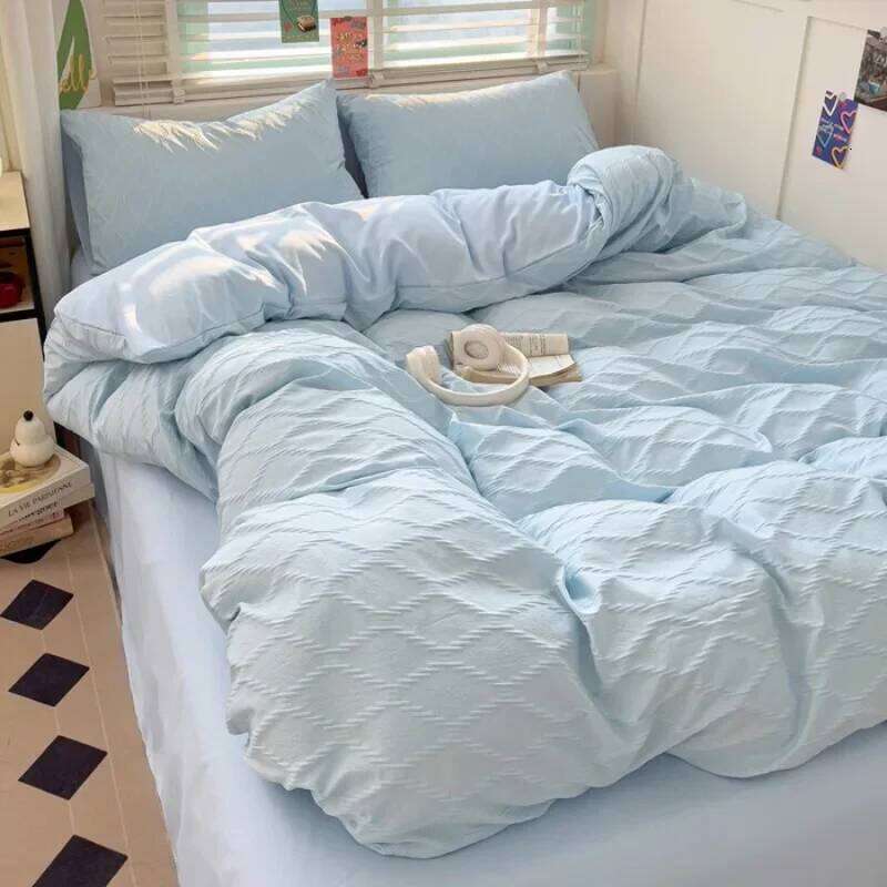 seersucker bed sheet four-piece set washed cotton skin-friendly and comfortable rhombus solid color quilt cover H260312
