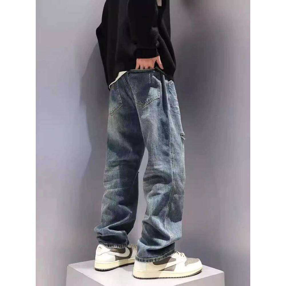 New Men's Ripped Jeans Baggy Straight Fashion Vintage Blue Denim Pants Personality Streetwear Hip Hop High Quality Male Trousers 26Y0312