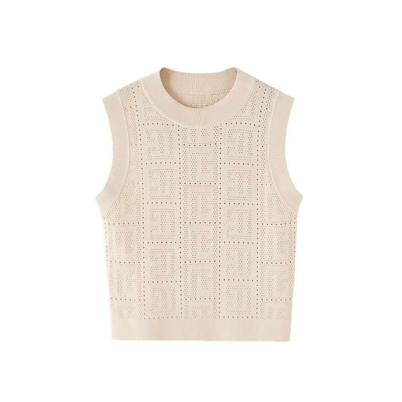 New Summer Women See-through Holes Geometrical Pattern Sleeveless Crop Top Slim Shorts 2PCS Knitted Sets Cool Fabric