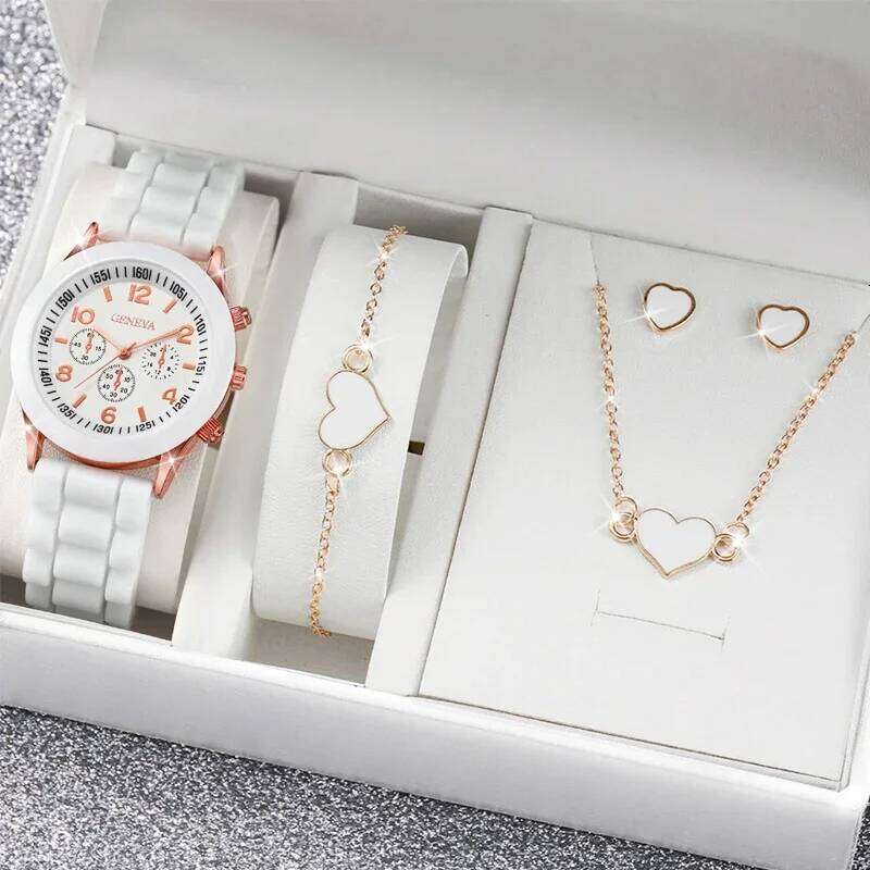 4PCS/Set Geneva Watch Fashion Silicone Band Women Watches Heart Jewelry Set Without Box