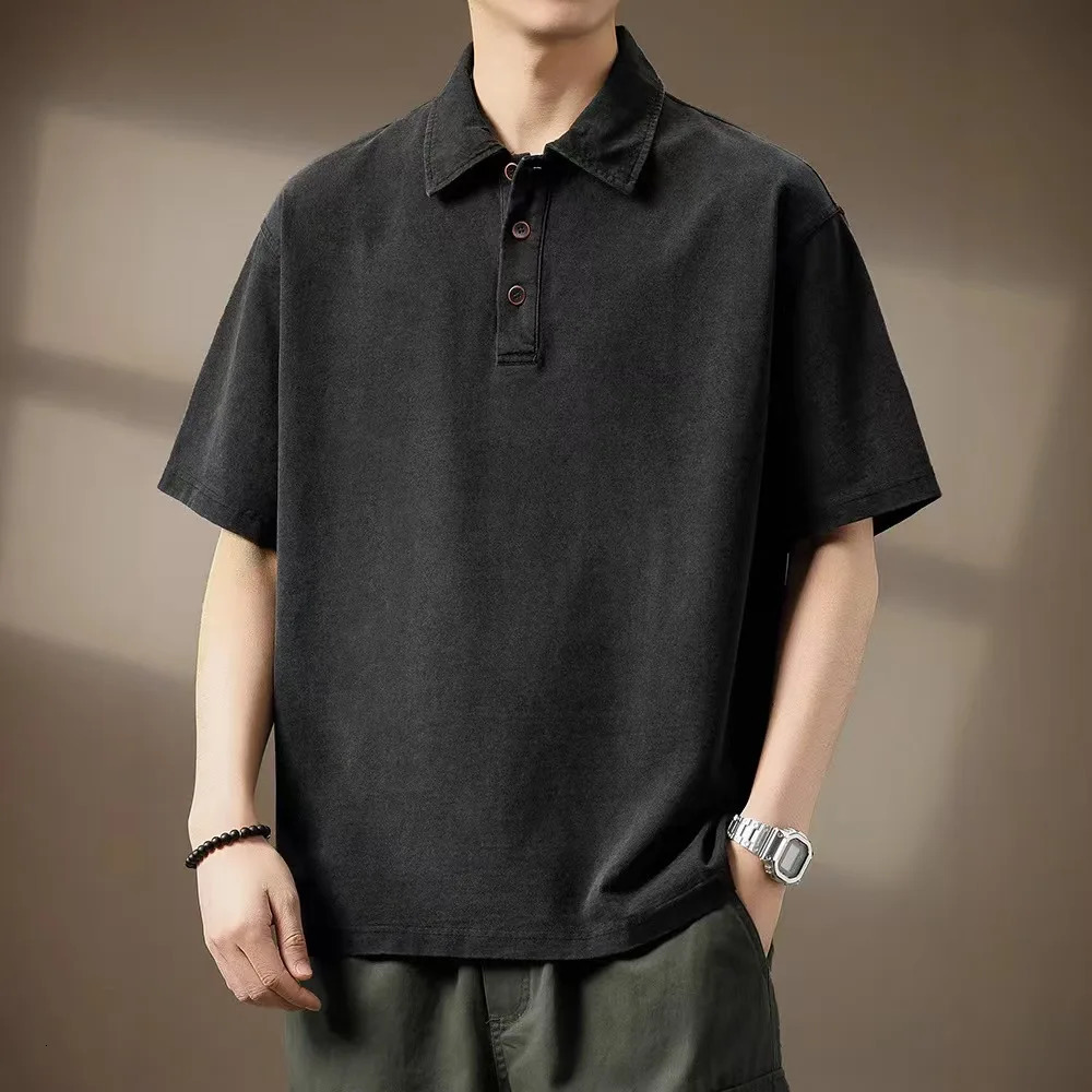 Summer Mens Denim Polo Shirts American Style Lapel Short Sleeved Loose Tees Shirt High-end Mens Thin Trendy Tops 260311