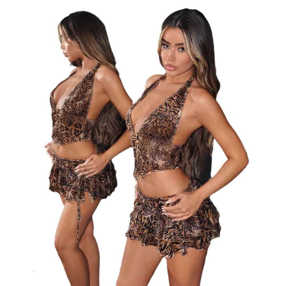 Halter Neck Backless Leopard Print Tank Top Low Waist Skirt Amazon Sexy Hot Girl Two-Piece Set for Women