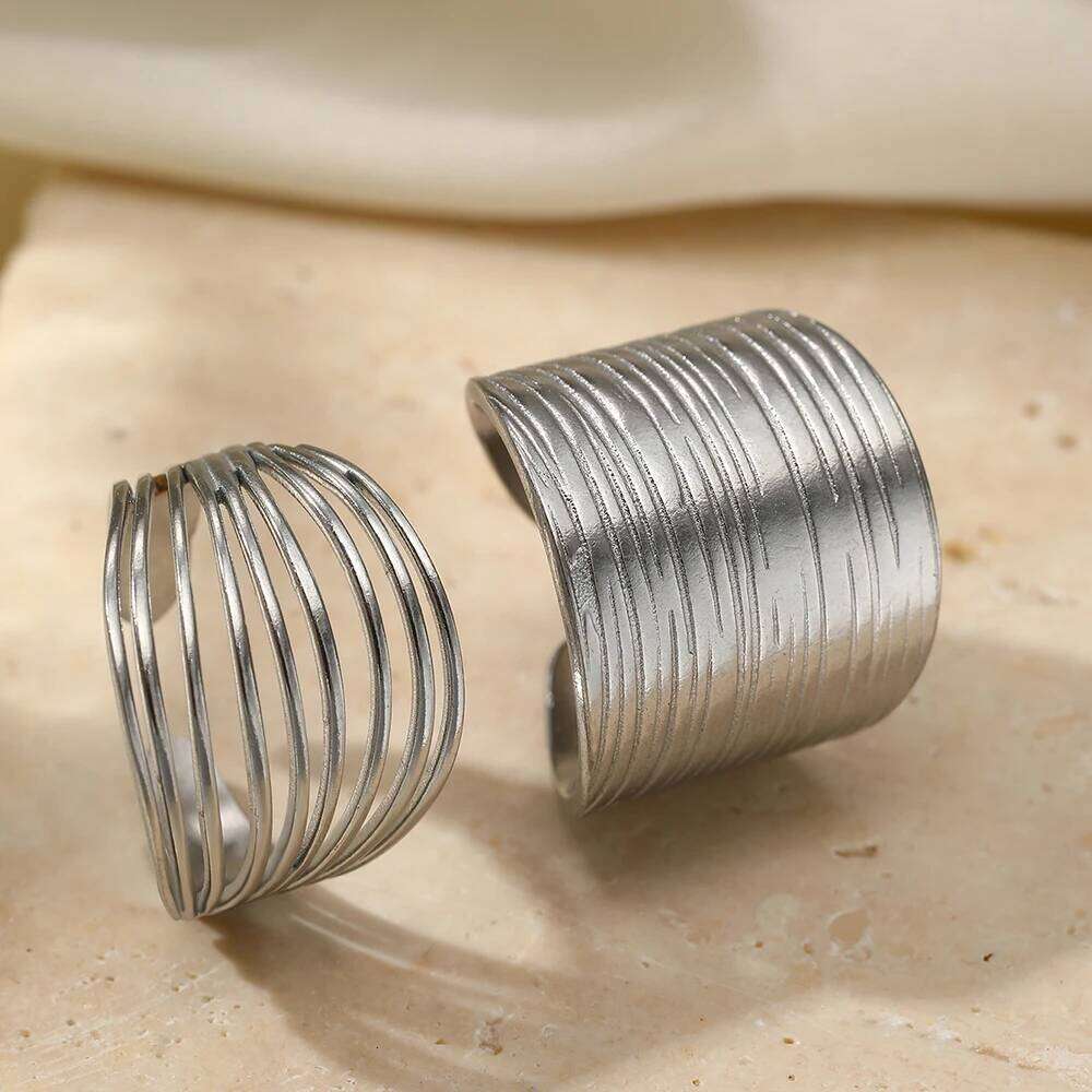 Stainless Steel Rings Minimalist Hollow Line Texture Adjustable Opening Ring For Women Jewelry Non-fading High-quality Gifts New H260312