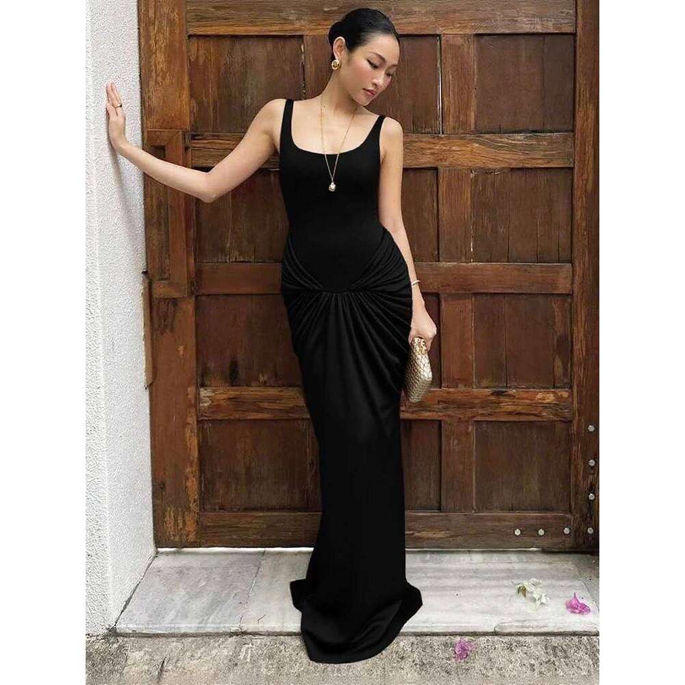 kliou Women High Street Classic Maxi Dress Solid Pleated Full Sleeve U-neck Body-shaping Robe Lady Elegant Simple Frock C260311