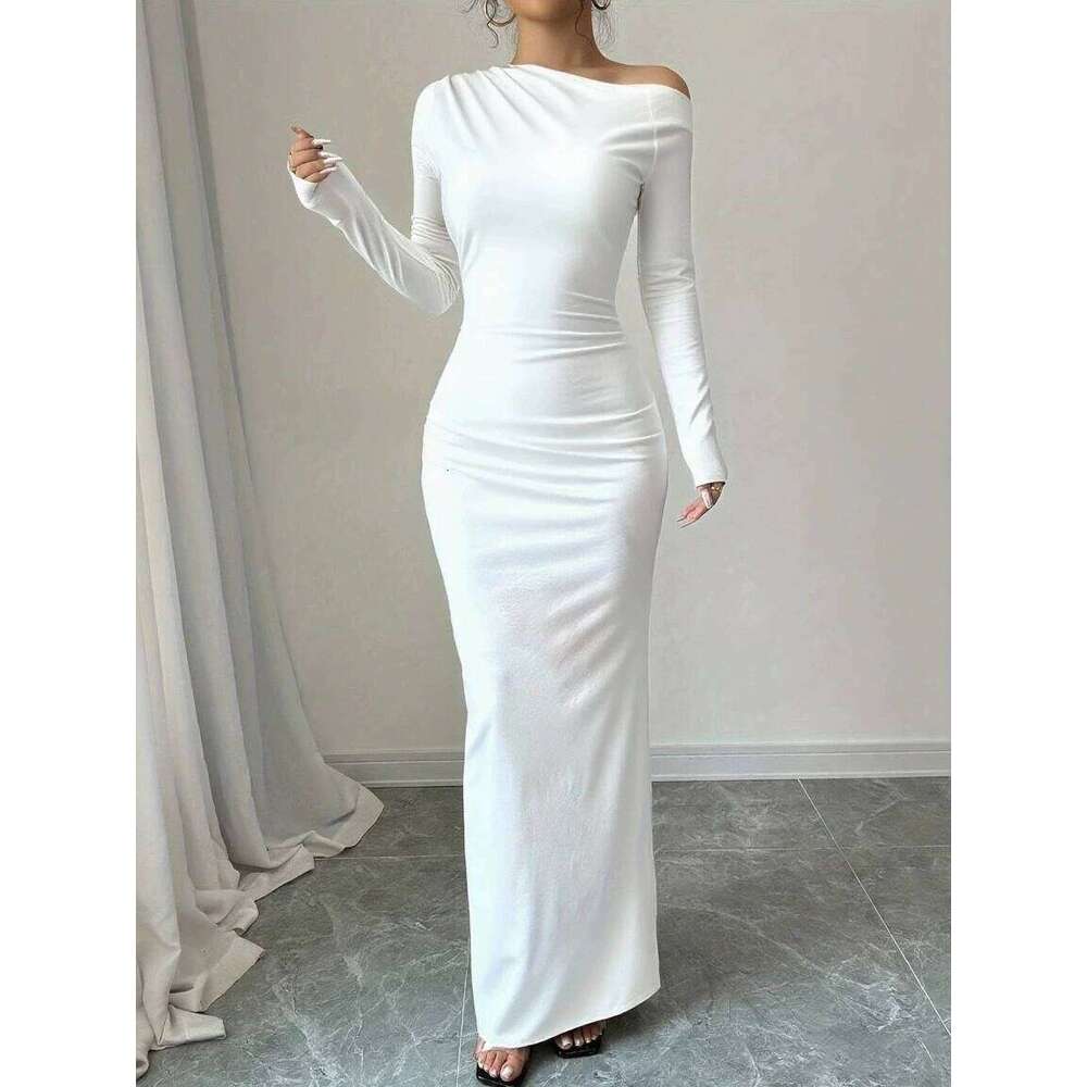 Autumn new style individual solid color trendy elegant high-waist long-sleeved figure-hugging bodycon dress sexy C260312