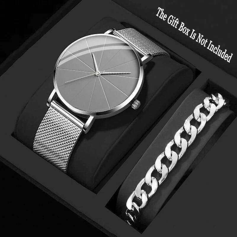 Stylish casual set Simple Silvery lightweight dial Watch Quartz watch and bracelet Christmas gift for men