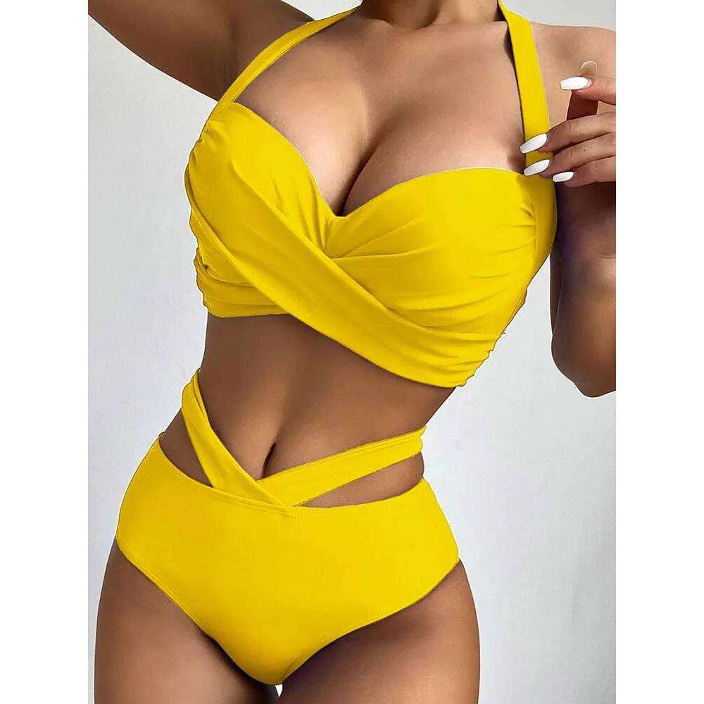 Sexy Push Up Bikinis 2025 Women High Waist Swimsuit Solid Halter Swimwear Female Bathing Suit Swimming Summer Beachwear XXL Y260303