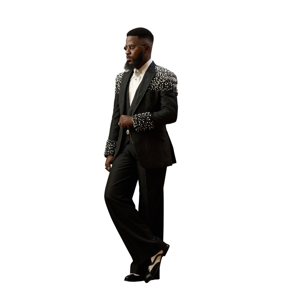 Elegant Men Suits 2 Pieces Shawl Lapel Blazer Pearls Rhinestone Tailor-Made Beaded Jacquard Jacket One Button Customized Coat Pants Plus Size