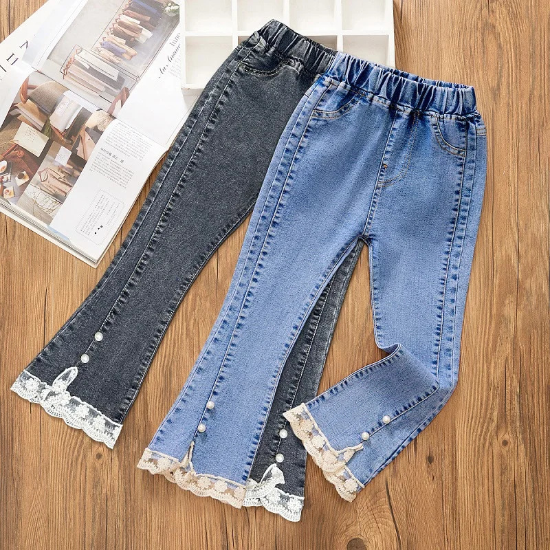 Girls Jeans Spring and Autumn Casual 312 Year Old Childrens Loose Flare Pants Lace Pearl Denim 260311