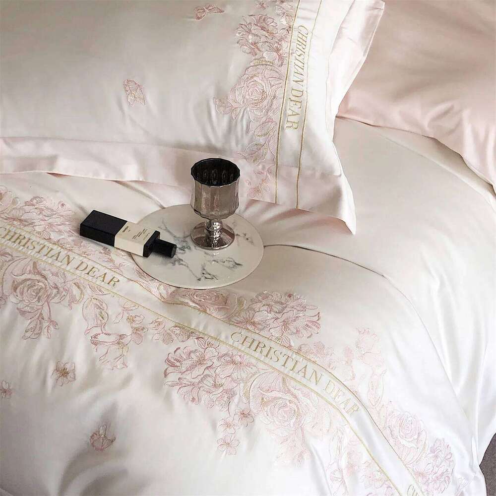 Pink Egyptian Cotton Flowers Embroidery Bedding Set Duvet Bedspread Sheet Pillowcases Mattress Cover King Queen Size H260312