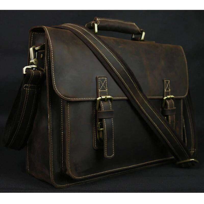 Vintage Crazy Horse Genuine Leather Men Briefcase 15" Laptop Work Business Shoulder Messenger Bag Male Tote Handbag M088