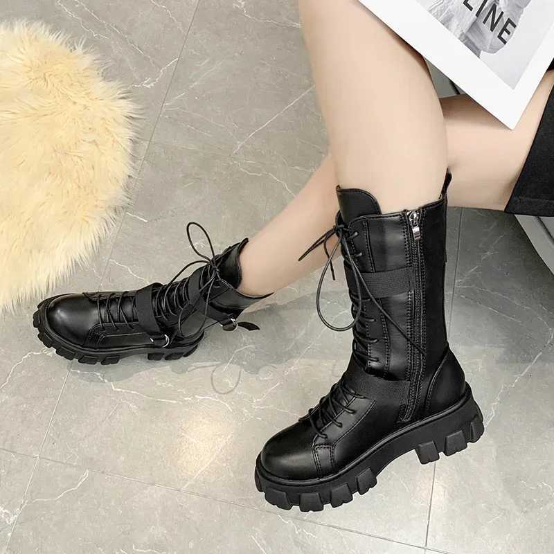 Womens Mid Length Boots 2025 Autumn New British Thick Soled High Rise Mid Length Boots Fashionable Plus Size Motorcycle Boots S260312
