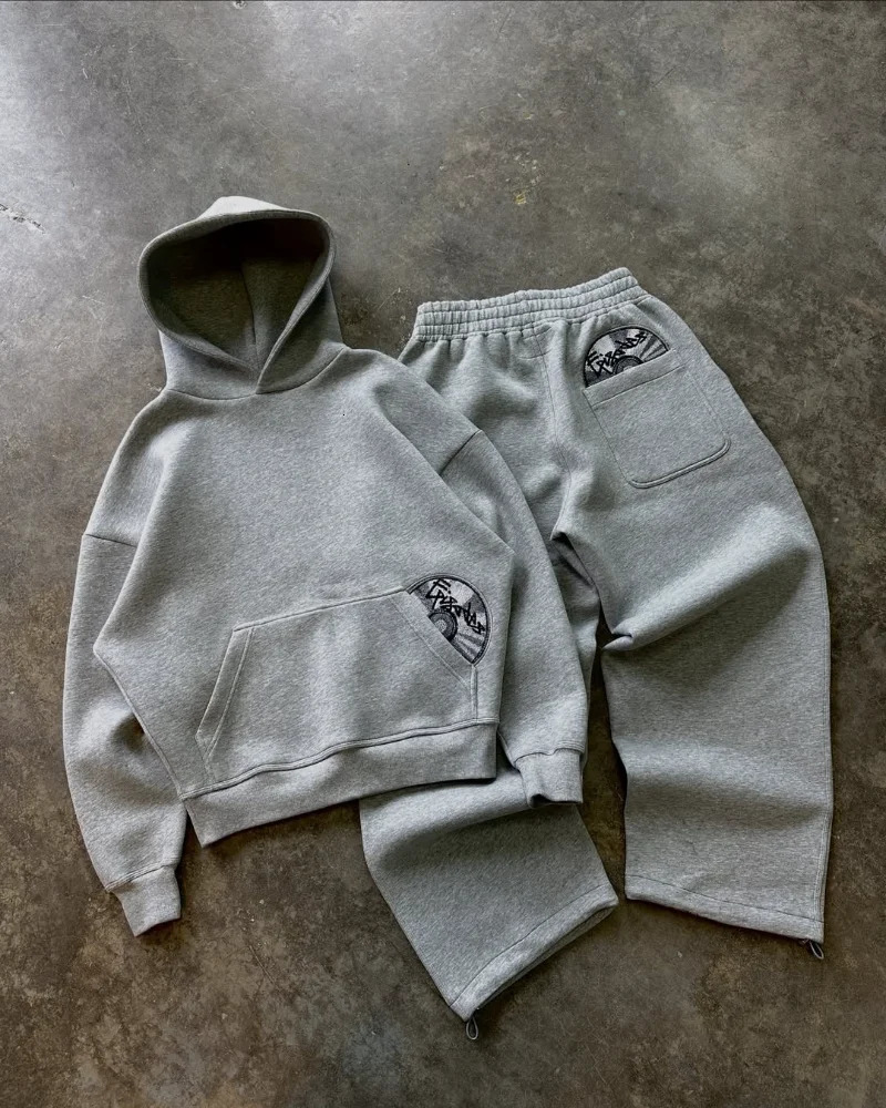 Street wear punk hip hop men suit Y2K American gothic Harajuku embroidery jumper oversized casual loose sports suit 260311