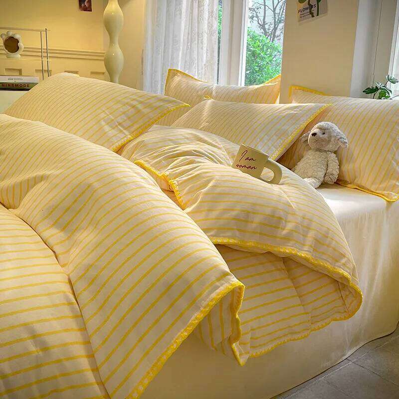 winter thickened four-piece set simple solid color striped shell edge naked sleeping grade sheets comfortable home textiles H260312
