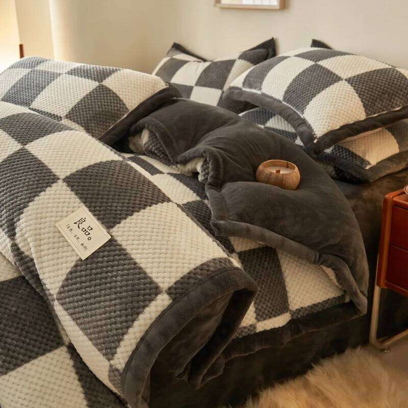 2025 new plaid color matching milk fleece four-piece double-sided winter thickened warm bedding kit household H260312