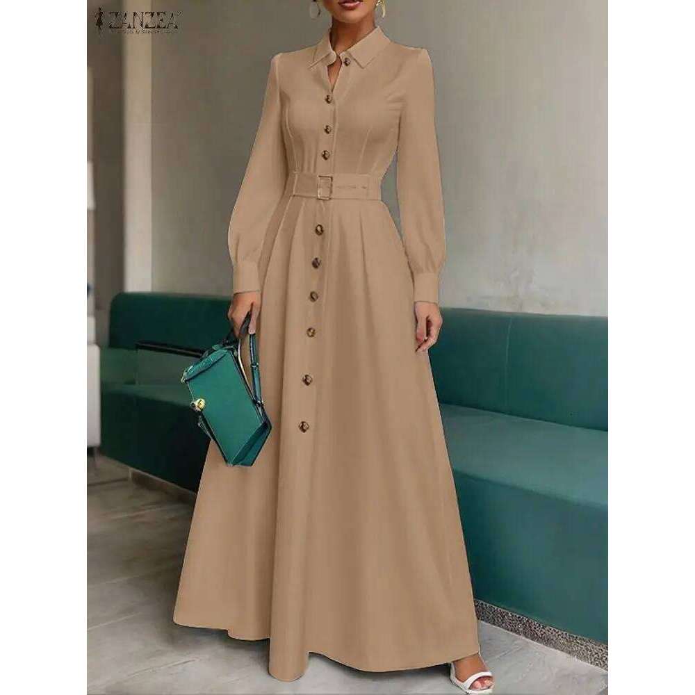 ZANZEA Elegant Women's Shirtdress 2025 Autumn Turn-Down Collar Long Sleeve Button Up Belted A-Line Maxi Dresses Office Commuting C260312