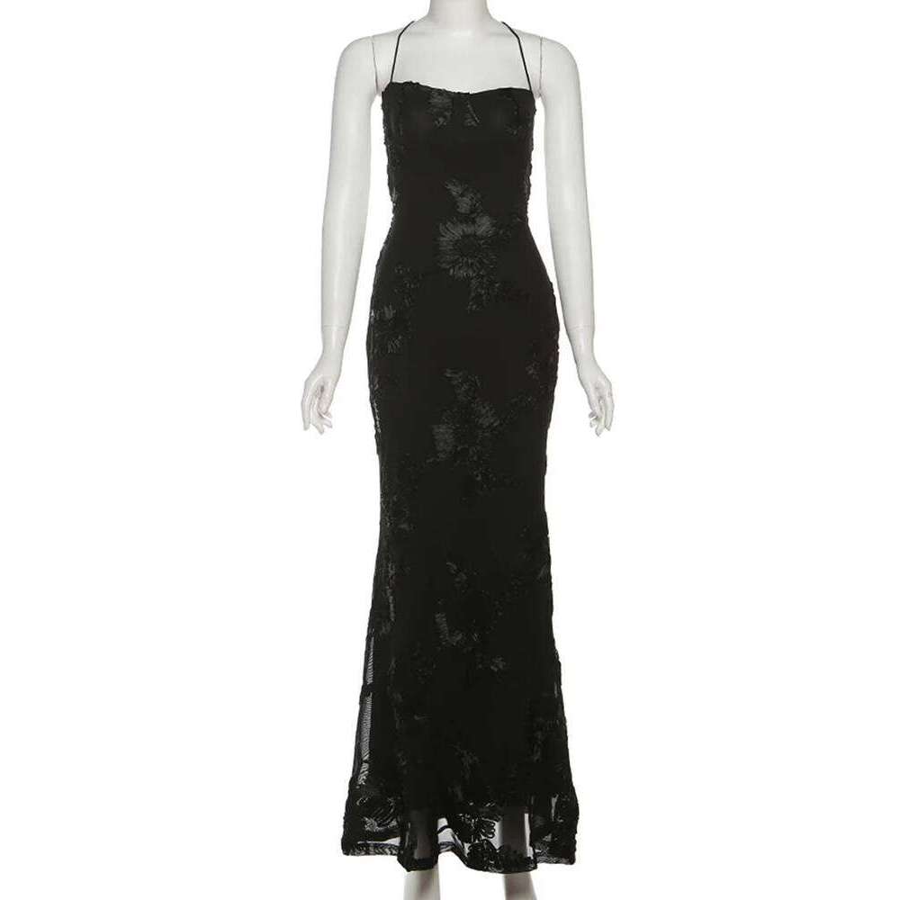 Nibber Elegant Flower Embroidery Maxi Dress Women Low-Neck Cross Bandage Backless Summer Street Trend Skinny Holiday Vestidos C260312