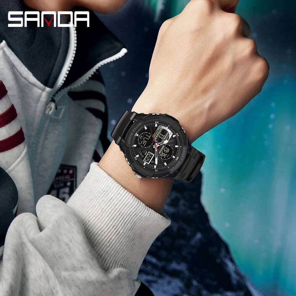 SANDA 6298 brand casual men's sports backlight 50M anti student alarm clock dual display digital watch 2026