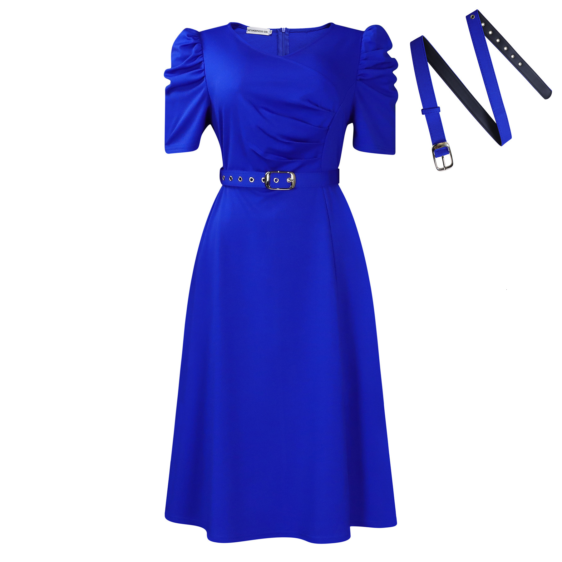 D490 Womens Summer New Fashion Elegant V-neck Pleated Flared Dress
