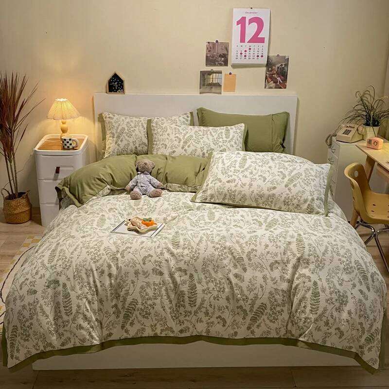 Retro Pastoral Style Double Quilt Cover Bed Sheet Pillowcase Class A Simple Household Four-piece Set Adult Bedding H260312
