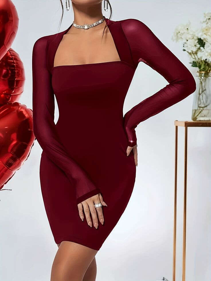 2024 Fall/Winter New European and American Women's Fashion Sexy Square Neck Slim-Fit Long-Sleeve Knit Bodycon Dress Short Skirt