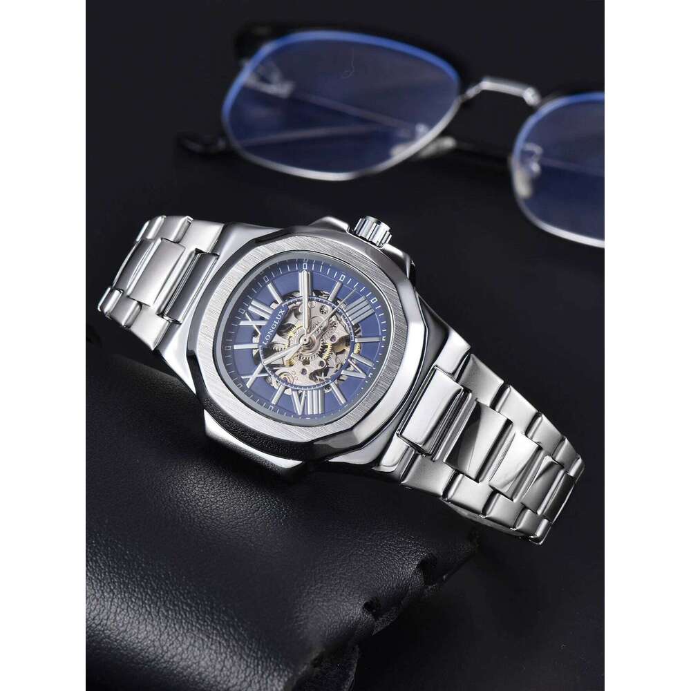 LONGLUX HOT SALE NEW automatic mechanical men rome business waterproof skeleton luminous stainless steel gift watch