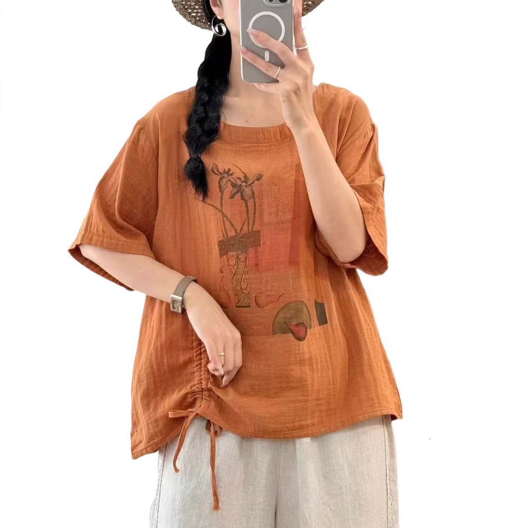 Summer New Double-layer Cotton Gauze Round Designer Hoodie Neck Printed Short Sleeve Women Loose Designer Shirt Fit Plus Size Versatile Polo Shirt Dra