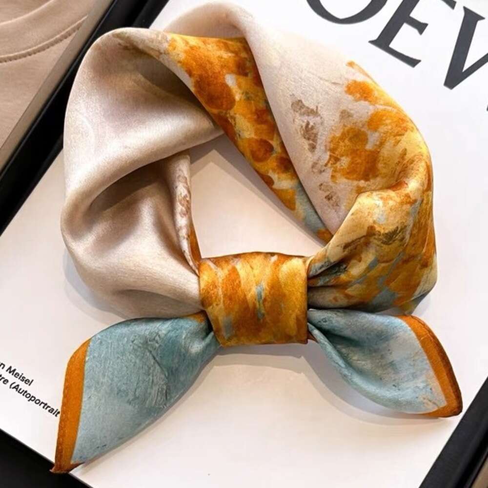 New Square For Women Korean Version Oil Painting 100% Mulberry Silk Spring And Autumn Decorative Neck Shawl Scarf Liuyuemoshang