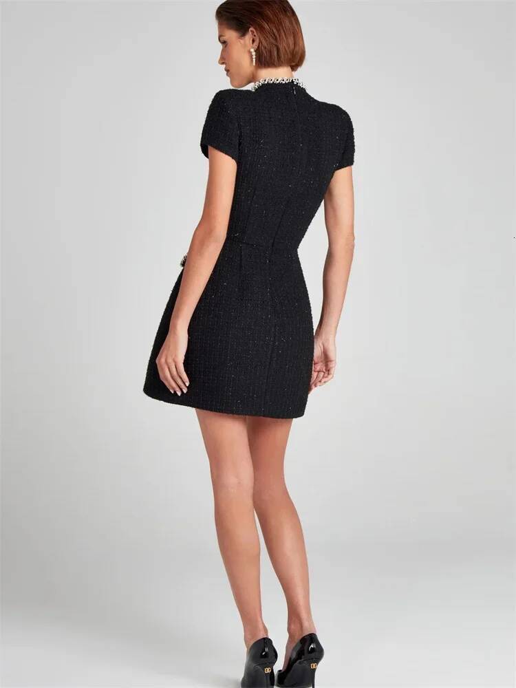 Tosssy Shiny Elegant Female MIni Pocket Short Sleeve Patchwork Fashion Slim Party Gown Women's Glitter Vntage Dress