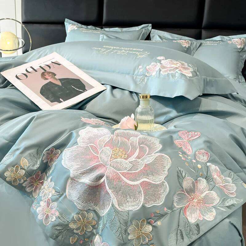 4pcs Light Style 100% 120 Count Long Styl Cotton Embroidered Bedding Duvet Cover 200x230 220x240 Four Seasons H260312