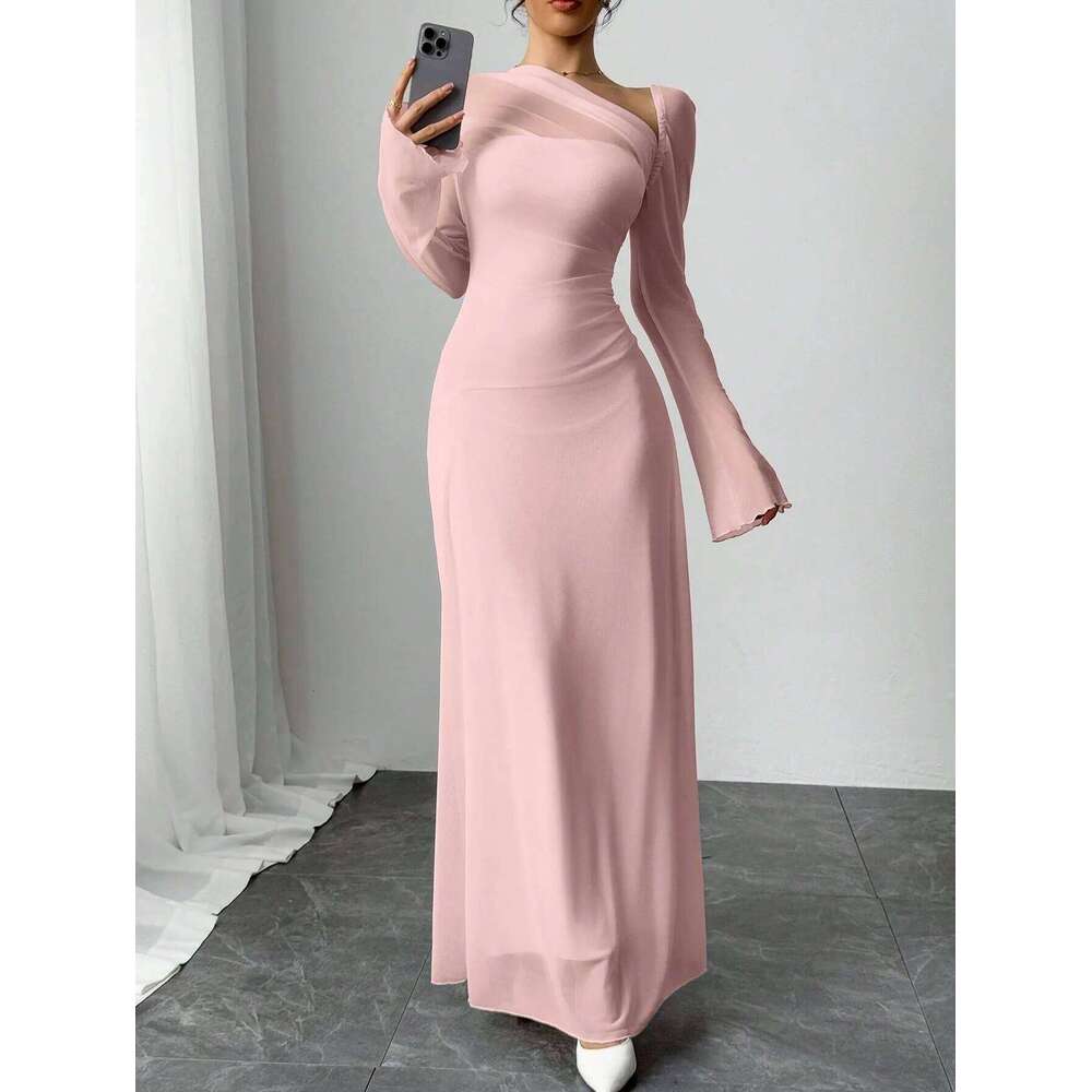 New spring/summer women's pink tulle explosion slim irregular diagonal shoulder ultra long dress C260312