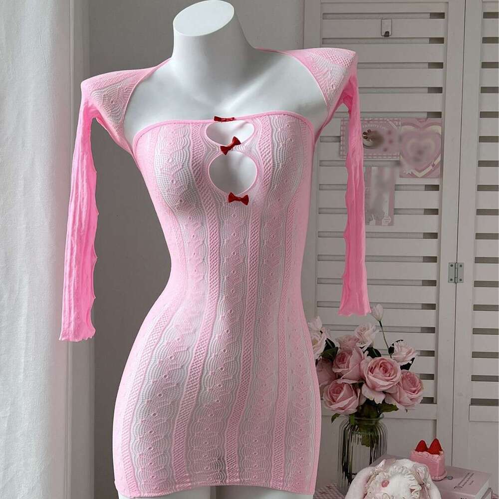 Women Pink Knitted Bodycon Dress with Detachable Sleeves Sexy Cut-Out Design with Red Bows for Party, Cosplay, or Romantic Wear