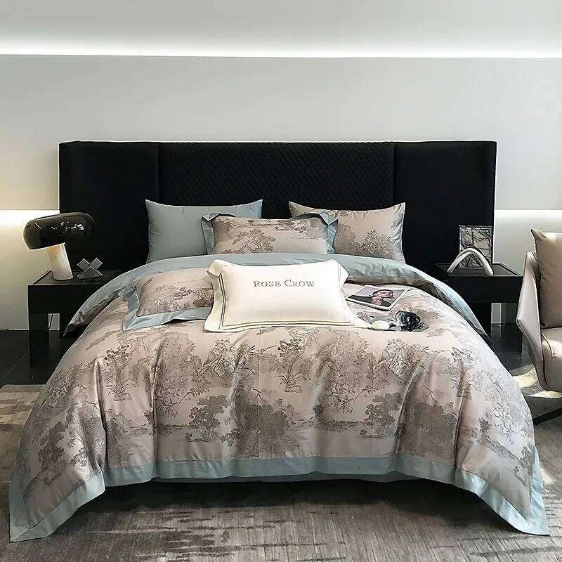 1000TC Egyptian Cotton Duvet Cover Flat/Fitted sheet Pillowcases Soft Grey Jungle printed Bedding set Double Queen King 4Pcs H260312