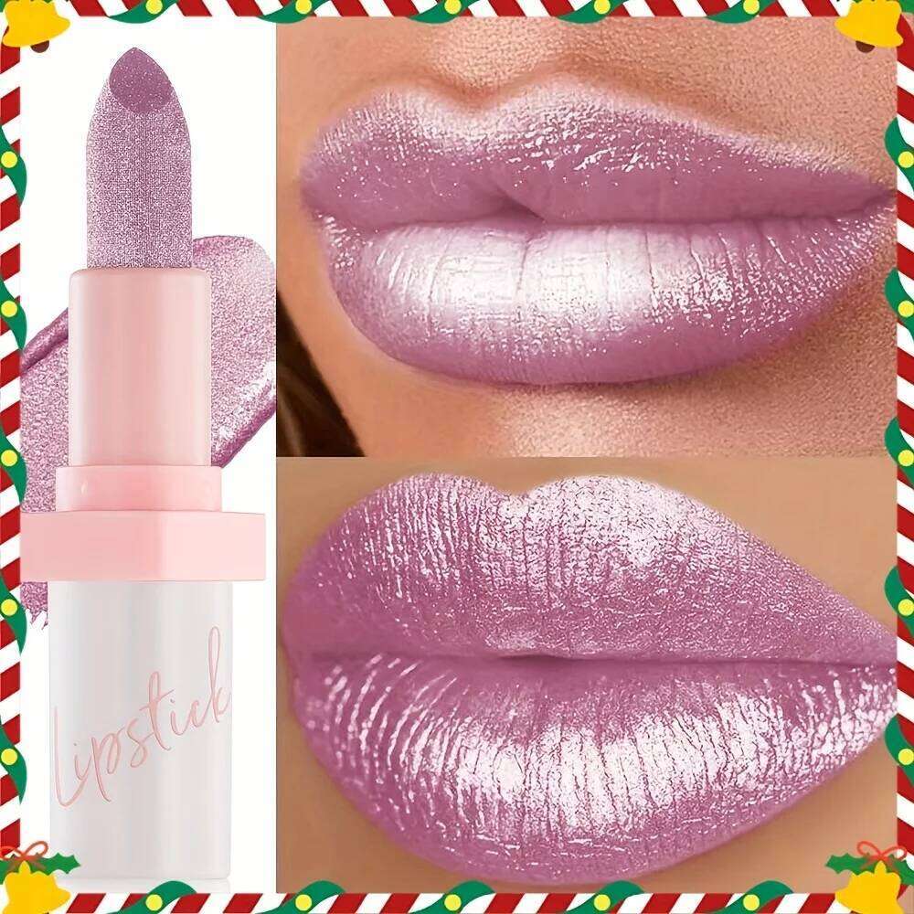 Waterproof Shimmer Lipstick, Pearlescent Long Lasting Lip Color, Moisturizing Plumping Lipstick for Glam Night Out W260311
