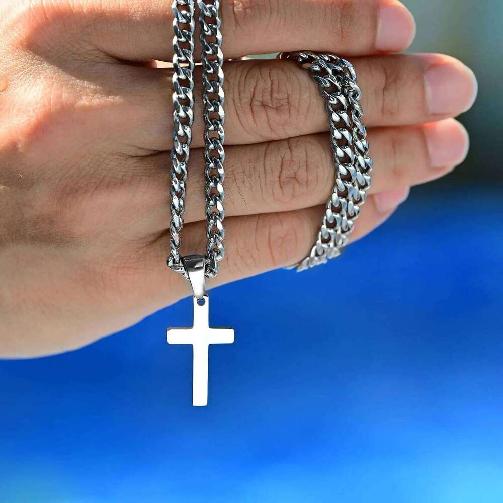 High Quality Cross Necklace for Men Boys,Stainless Steel Pendant with 5MM Cuban Chan,Classic Simple Jewelry Gift H260311