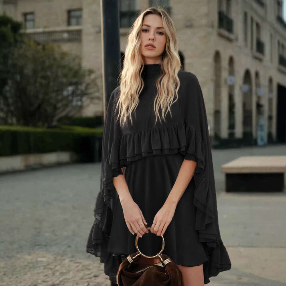 Sexy V-neck Sling Mini Skirt & Ruffle Cape Outfits Fashion Turtleneck Solid Color Loose 2Pc Suit Women Elegant Draped Party Set Asia Size