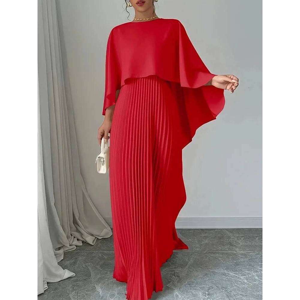 Spring Summer Elegant Crew Neck Pleated Dresses Women Casual Solid Loose Long Cloak Sleeves Ruffle Maxi Dress Vestidos C260312