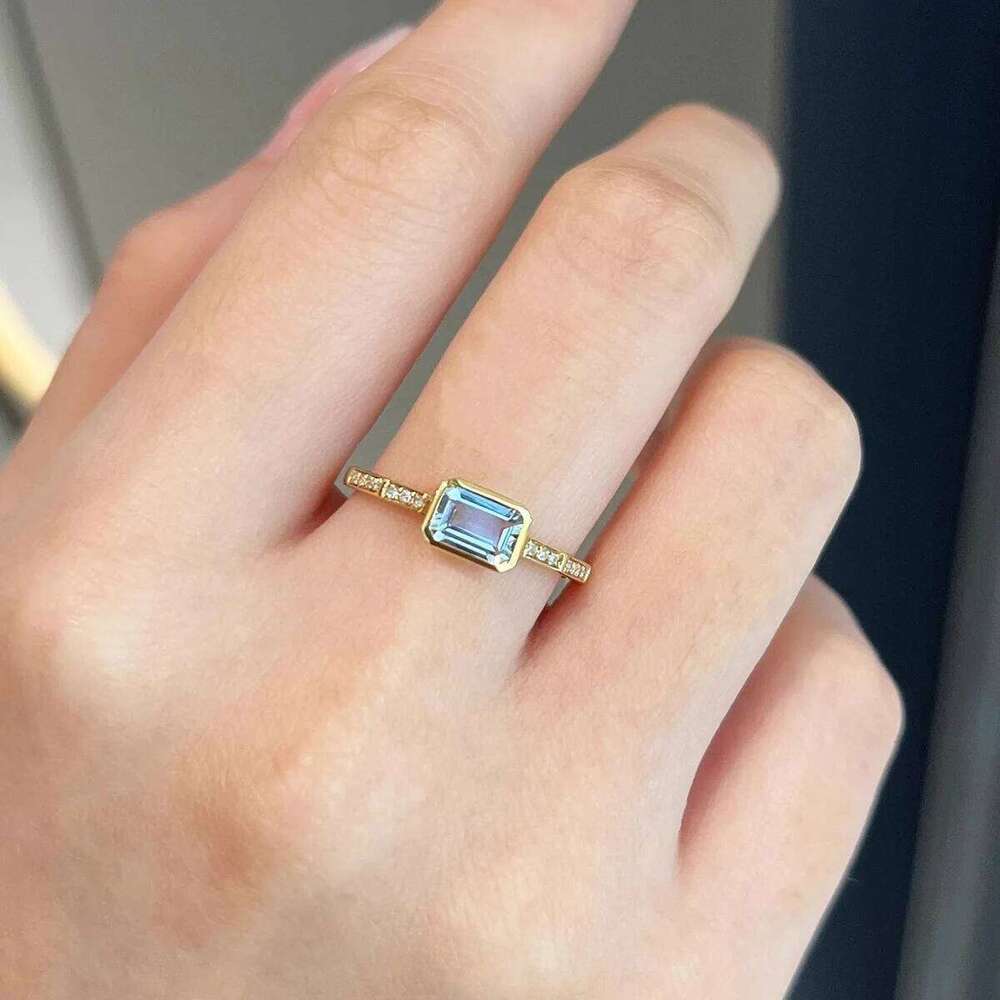 Refined S925 Sterling Silver Gold plated rectangle Aquamarine zircon Women's jewelry Casualeasiest Design Daily Ring H260312