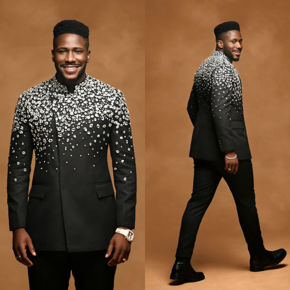 Luxury Men's Suits Groom 2 Pieces Crystal Rhinestone Blazer Tailor-Made Jacket Single Breasted Prom Party Customized Coat Pants Plus Size