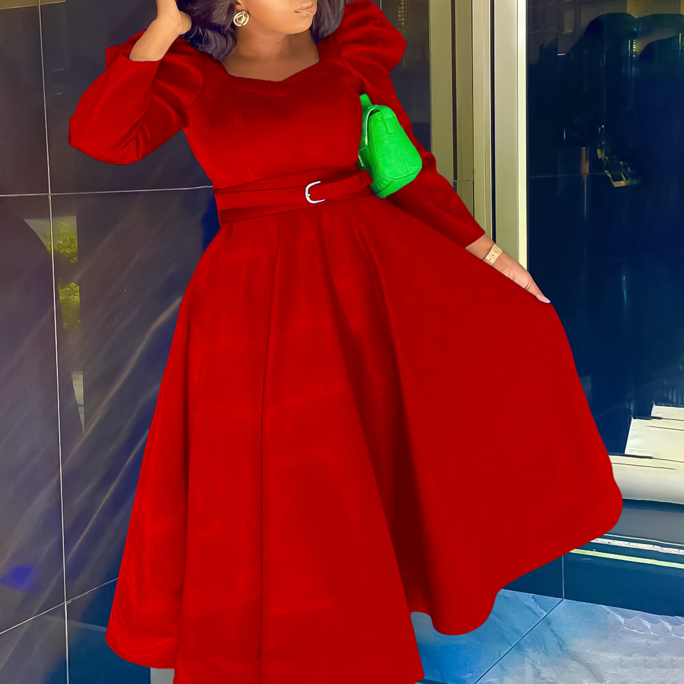 D467 Womens Winter New Fashion Puff Sleeve Plus Size Party Dress