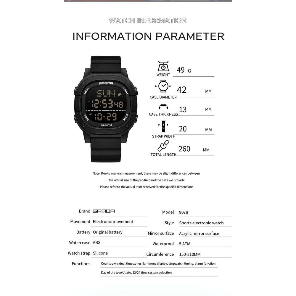 SANDA 9078 New Fashionable Men's Electronic Alarm Clock Timer Calendar Shock resistant Sports Leisure Digital Watch 2026